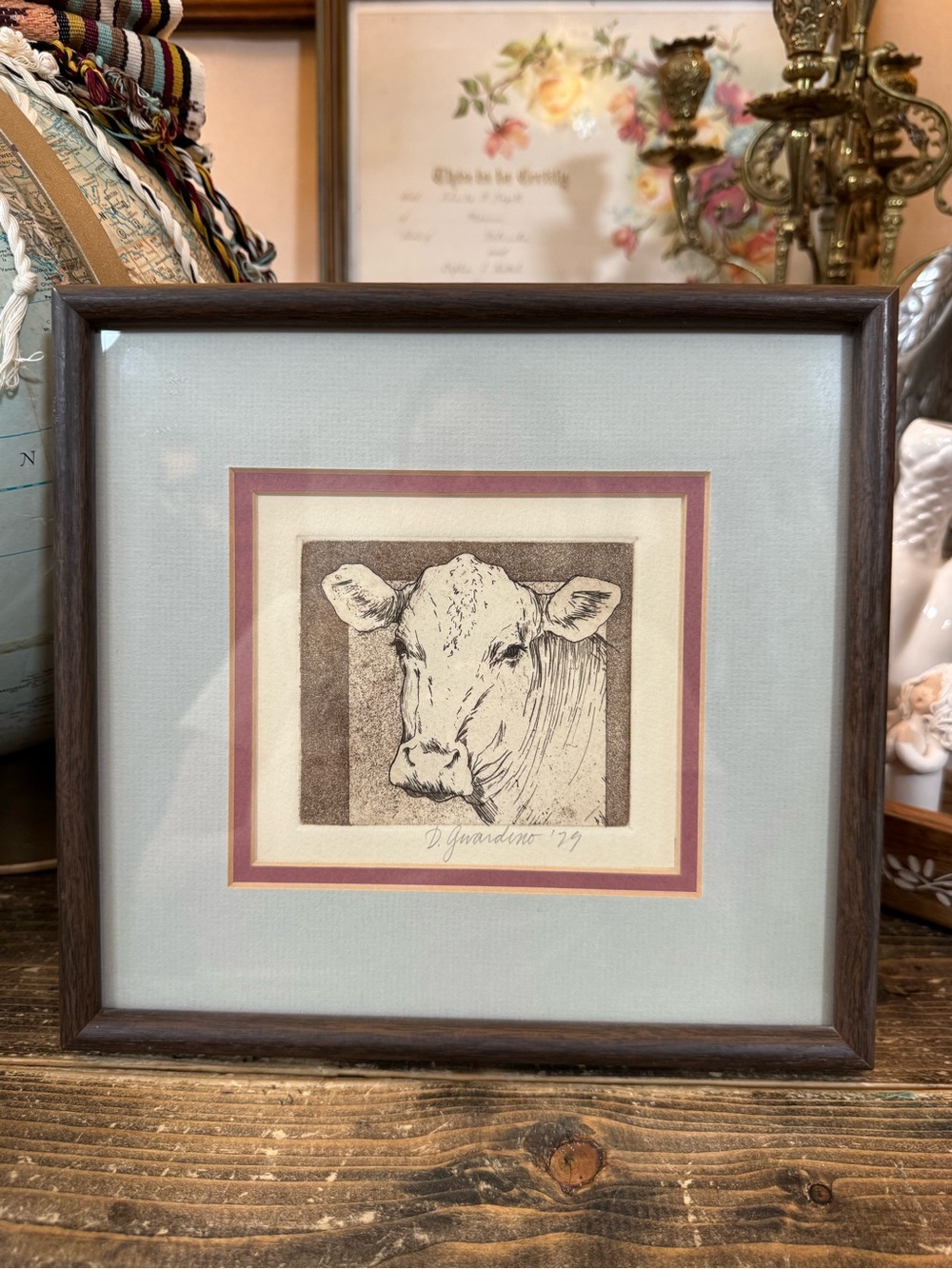 lithograph print of a cow drawing, signed by artist Donna Guardino